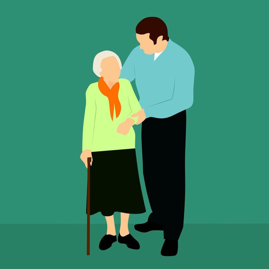 Illustration eines Mannes der einer Pflegebedürftigen Seniorin hilft