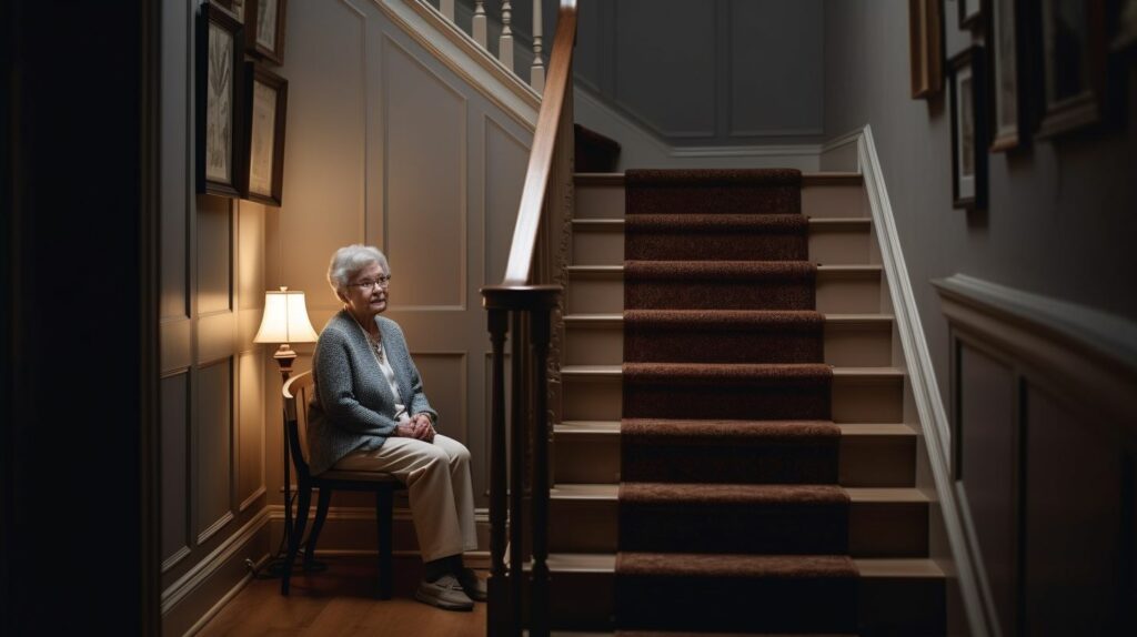 Eine ältere Person mit eingeschränkter Mobilität sitzt bequem in einem modernen Treppenlift und steigt die Treppe ihres gemütlichen, gut beleuchteten Zuhauses hinauf.