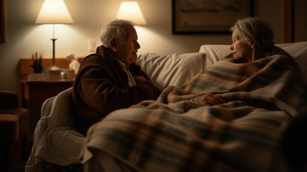 Eine herzerwärmende Szene in einer ruhigen Hospizumgebung, die die Essenz mitfühlender Altenpflege verkörpert. Eine ältere Person, deren Gesicht von einem friedlichen Lächeln erstrahlt, liegt in einem bequemen Sessel und ist in eine handgestrickte Decke gehüllt.